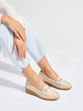 Beige Wedge Loafers with Gold Embellishment