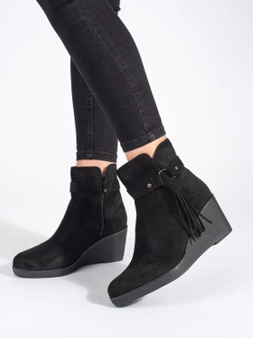 Suede Black Wedge Ankle Boots with Fringes