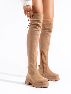 Beige Platform Knee-High Boots