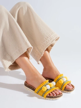 Yellow Pom-Pom Slide Sandals