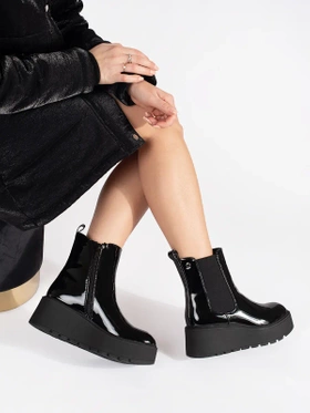 Black Patent Leather Wedge Ankle Boots