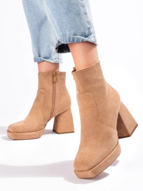 Beige Ankle Boots with Wide Block Heel