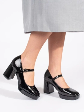 Glossy Black Buckle Heel Loafers