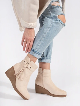 Suede Light Beige Wedge Ankle Boots with Fringe