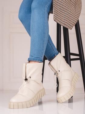 Beige Leather Snow Boots with Ribbed Cuff