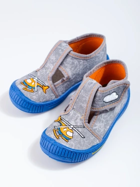 Grey Velcro Slippers with Helicopter Design