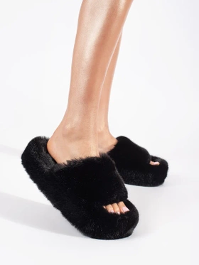 Black Furry Platform House Slippers