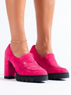 Pink Suede High Block Heel Shoes by Vinceza