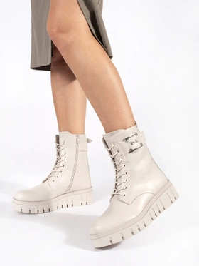 Beige Lace-Up Platform Boots