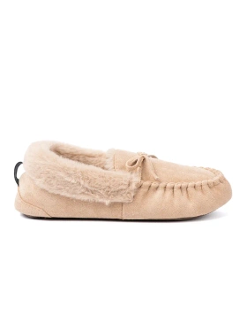 Warm Beige Moccasin Slippers with Bow