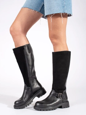 Sergio Leone Black Leather Riding Boots with Platform