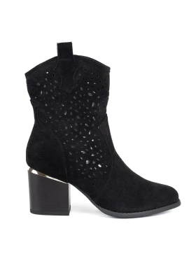 Black Lattice Cowboy Ankle Boots with Block Heel