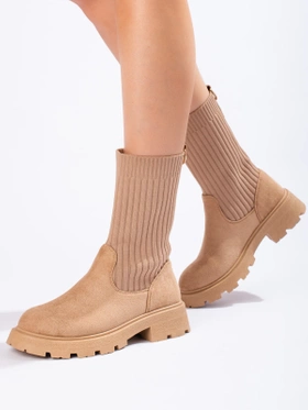 Beige Suede Ankle Boots with Stretchy Upper