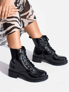 Glossy Black Lace-Up Boots