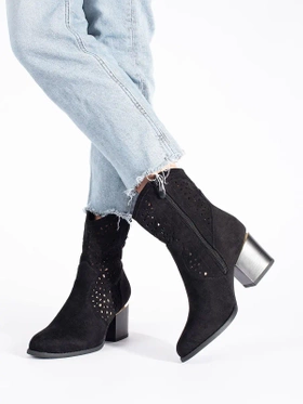 Black Lattice Cowboy Ankle Boots with Block Heel