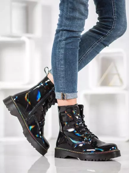 Black Lace-Up Holographic Boots