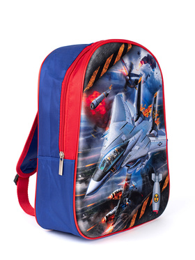 Blue and Red Backpack with Spaceship Design