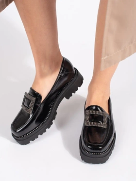 Elegant Black Platform Loafers with Buckle and Sparkling Accents