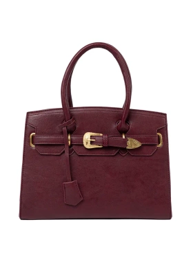 Burgundy handbag with decorative buckle in gold color