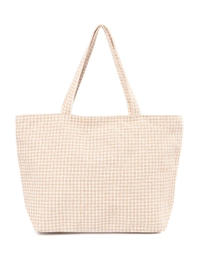 Beige and white checkered beach bag
