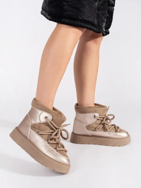 Beige Lace-Up Snow Boots with Chunky Soles