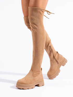 Beige Platform Knee-High Boots