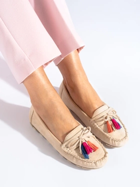 Boho Suede Loafers with Tassels in Beige