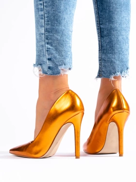 Orange High Heel Metallic Pumps