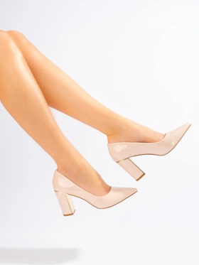 Classic Beige Patent Block Heel Pumps