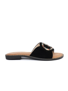 Black women's slides with a rhinestone buckle
