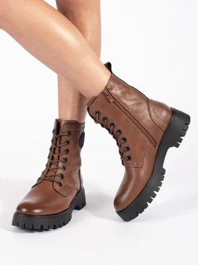 Brown Leather Lace-Up Platform Ankle Boots by Sergio Leone