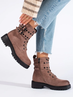 Lace-Up Dark Beige Boots with Buckles