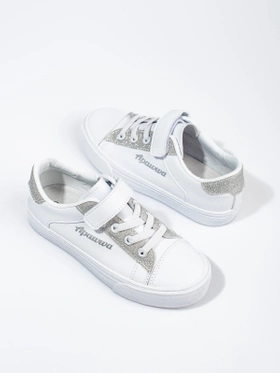 Children's White Sneakers with Silver Glitter