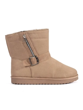 Light Beige Snow Boots with Decorative Buckle and Zipper