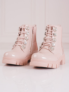 Lace-Up Pink Ankle Boots with Decorative Accents