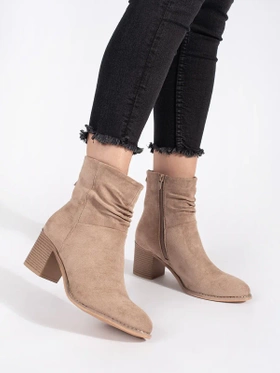 Beige Suede Ankle Boots with Ruched Upper