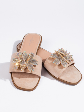 Beige Slide Sandals with Embellishment