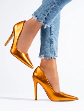 Orange High Heel Metallic Pumps