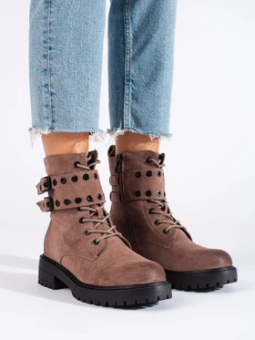 Lace-Up Dark Beige Boots with Buckles