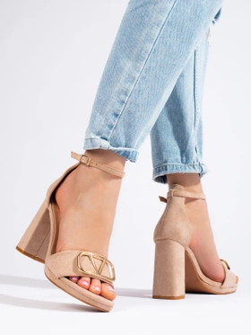 Beige High Block Heeled Sandals - Vinceza