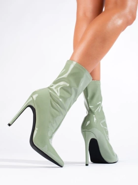 Green High-Heeled Ankle Boots in Shiny Eco Leather