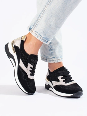 Black Leather Wedge Sneakers