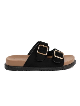 Black Women's Slides with Gold Buckles