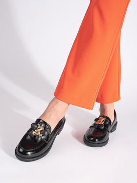 Black Patent Loafers with Bear Design