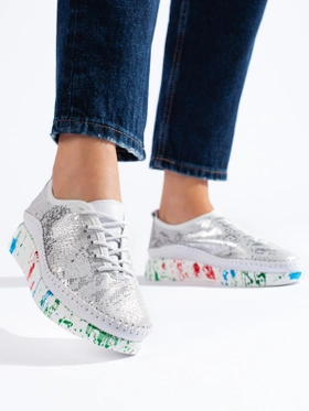 Silver Leather Shoes with a Colorful Platform