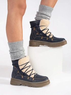 Navy Blue Cozy Lace-Up Boots with Sheepskin Trim