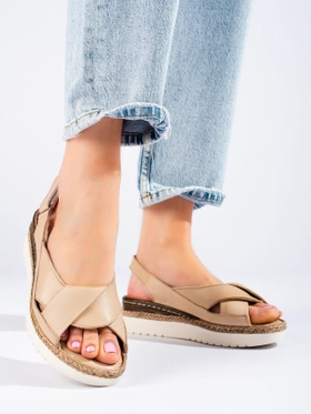 Beige Leather Low Wedge Sandals by Potocki