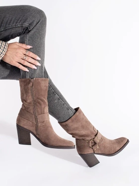 Suede Dark Beige Block Heel Ankle Boots