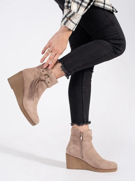 Beige Suede Wedge Ankle Boots with Tassels