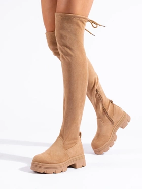 Beige Platform Knee-High Boots